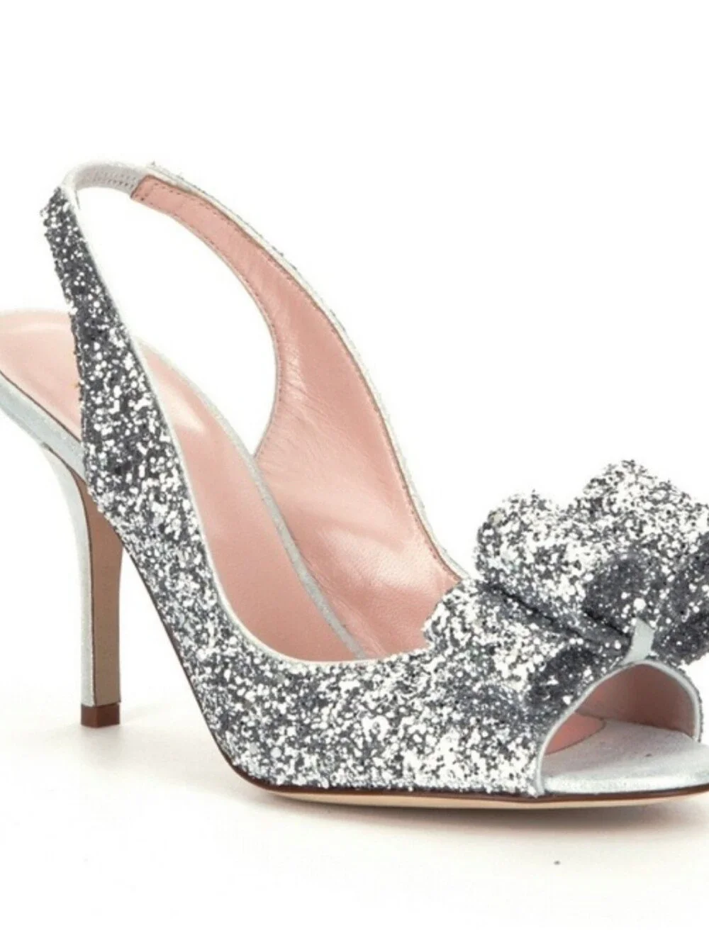 kate spade Silver Glitter Peep-Toe Slingback Heels with Bow